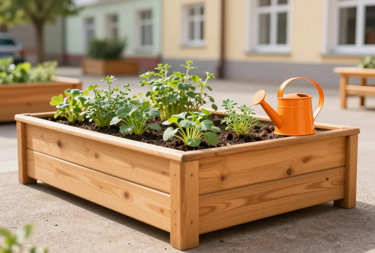 Ein Hochbeet aus Holz mit jungen Kräutern und einer kleinen Gießkanne im Garten einer Kita in der Morgensonne