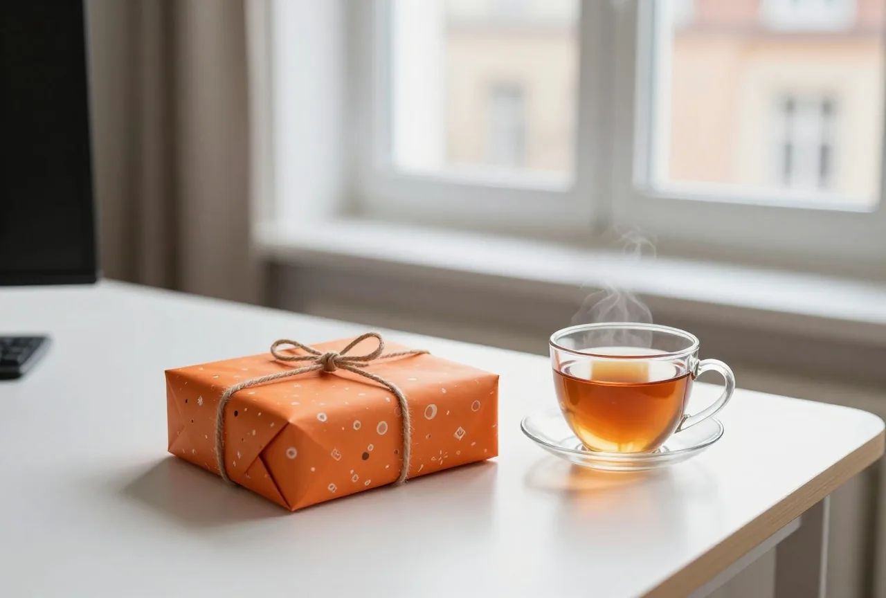 Ein aufgeräumter Tisch im Lehrerzimmer mit einem verpackten Geschenk mit Schnur neben einer Tasse Tee