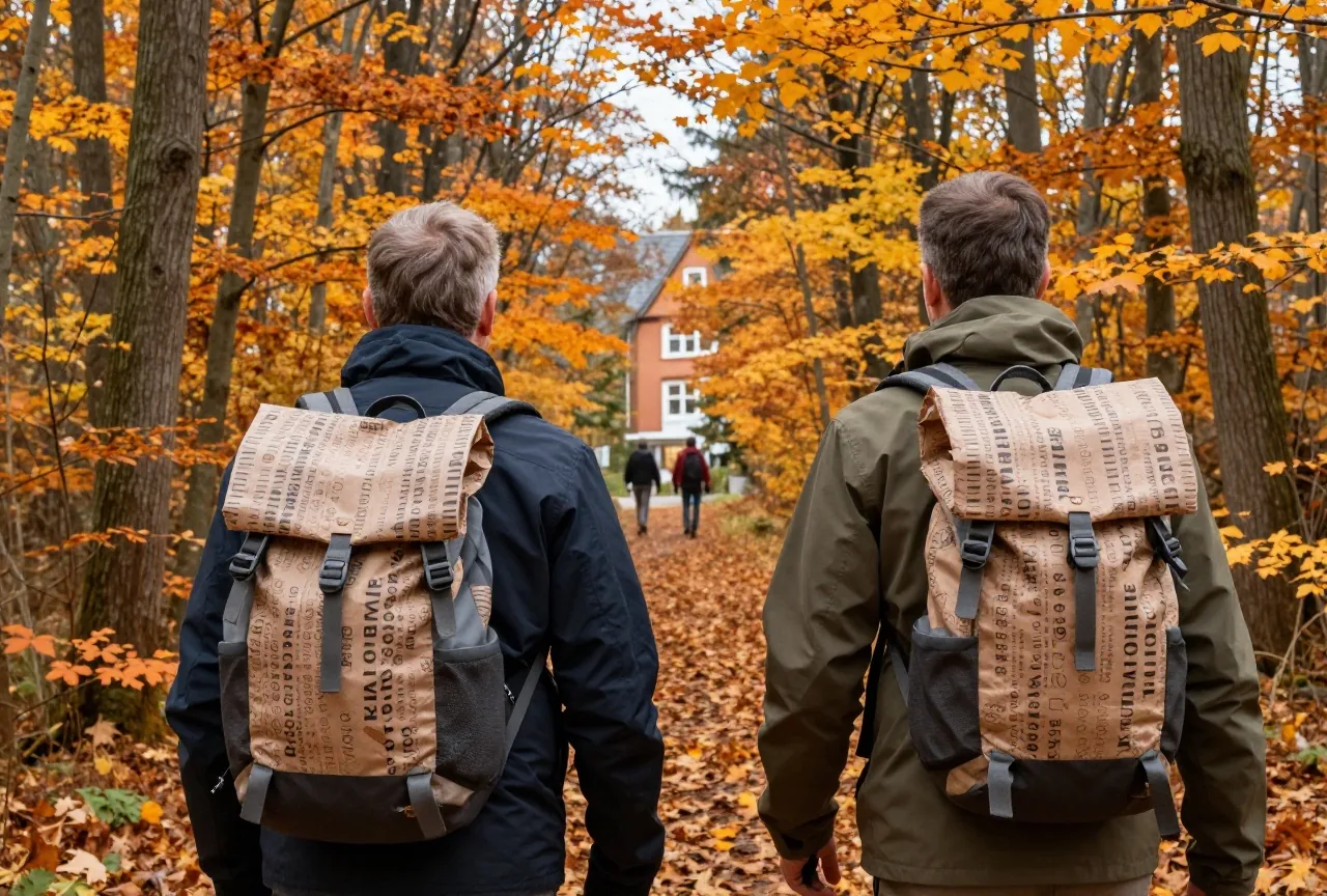 Zwei Männer um die fünfzig wandern von hinten gesehen auf einem herbstlichen Waldweg mit Rucksäcken