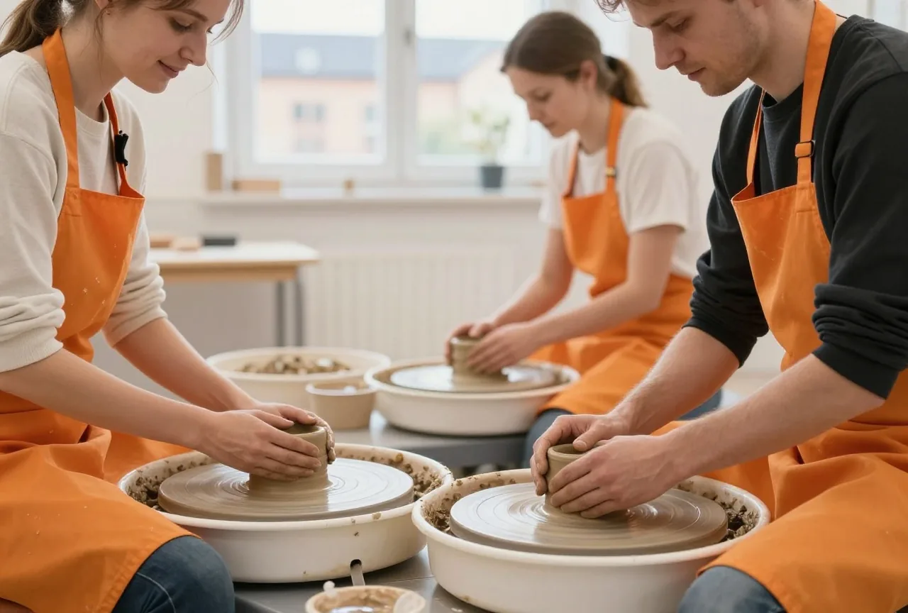 Ein Paar um die dreißig formt Ton an zwei Töpferscheiben in einer hellen Werkstatt, von der Seite gesehen