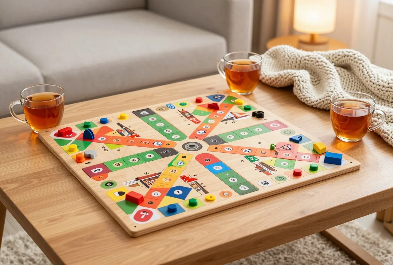 Ein Holzbrettspiel mit bunten Figuren auf einem Couchtisch neben zwei Teetassen und einer Strickdecke im Lampenlicht