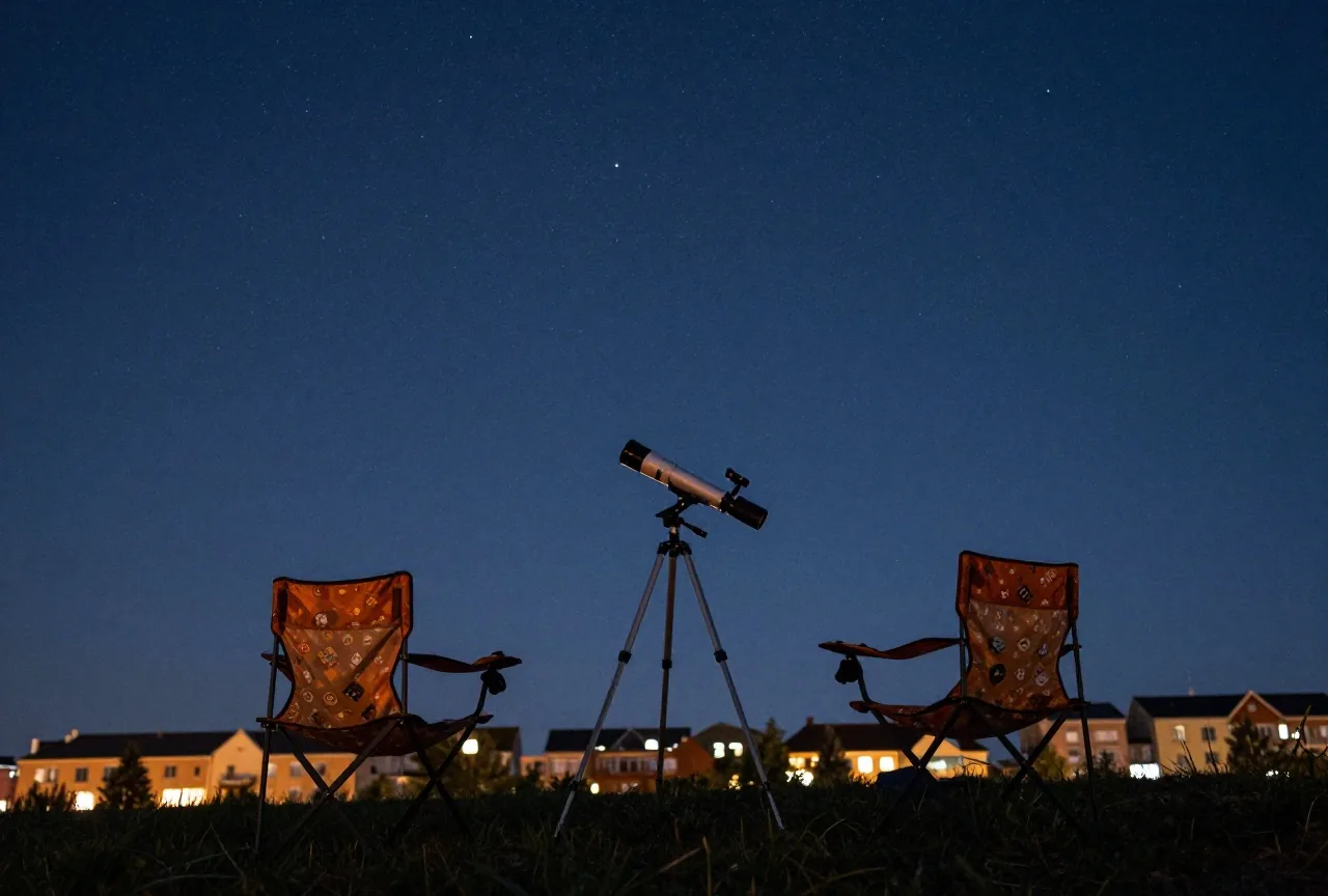 Ein Sternenhimmel über einem stillen Hügel mit zwei Campingstühlen und der Silhouette eines Teleskops