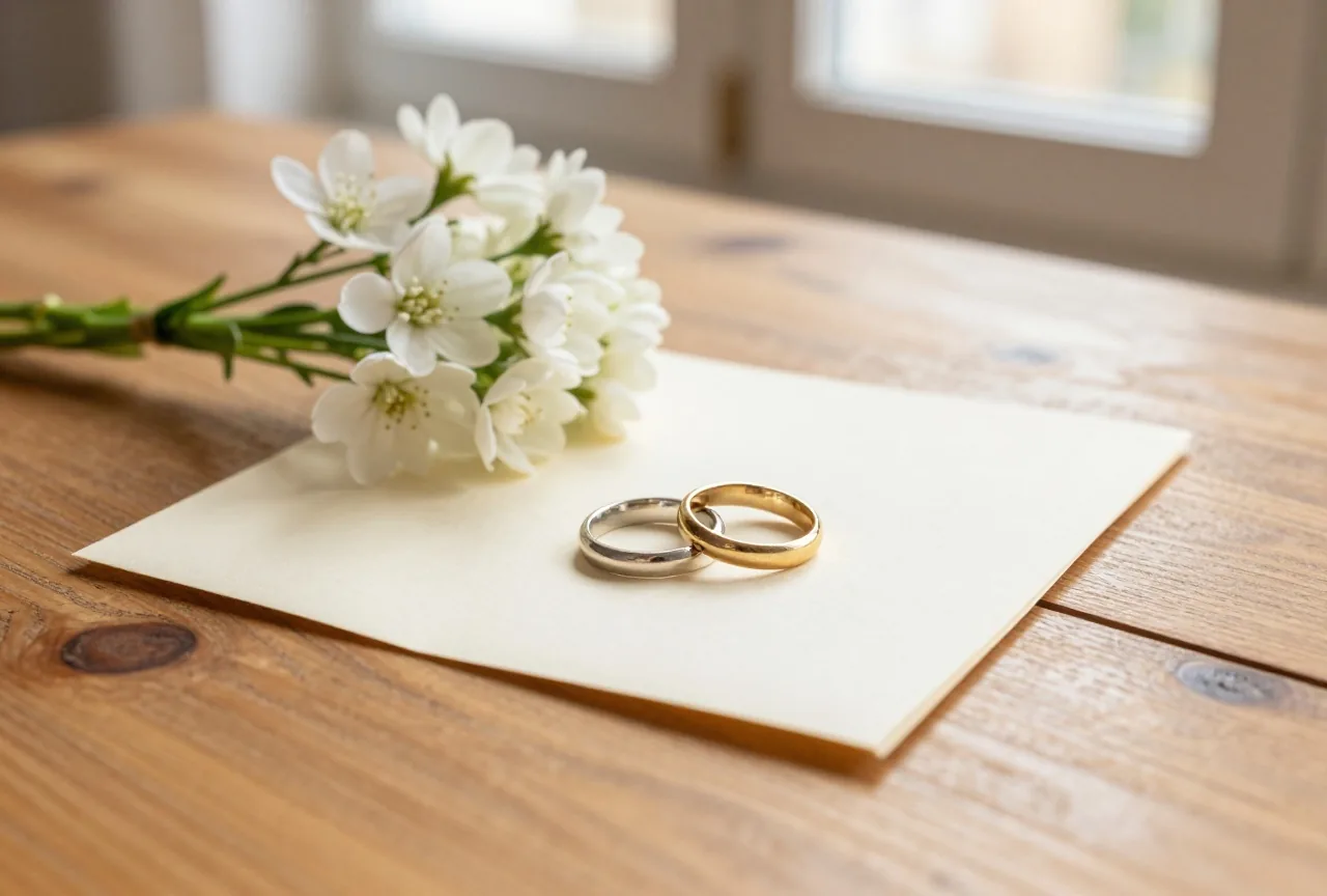 Ein silberner und ein goldener Ring auf gefaltetem cremefarbenem Papier neben einem kleinen Strauß weißer Blumen auf einem Holztisch