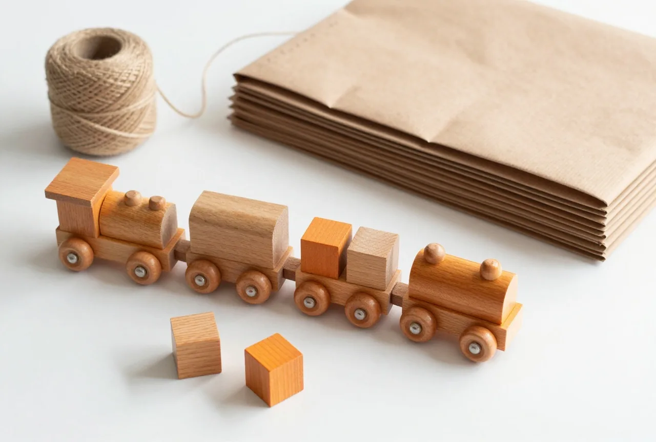 Ein Holzzug und mehrere Bauklötze aus Holz auf einem hellen Tisch neben gefaltetem braunem Packpapier und einer Rolle Bindfaden