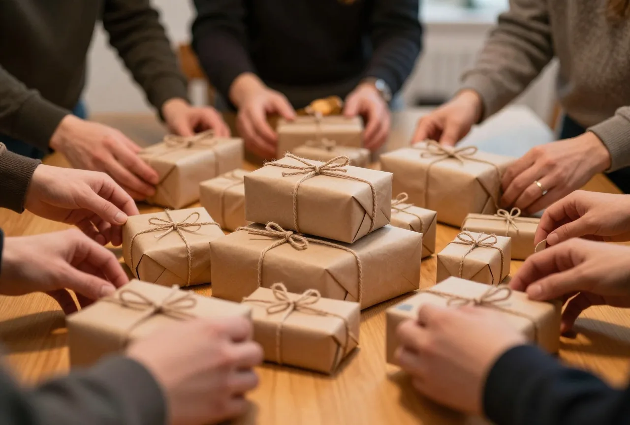 Kleine verpackte Geschenke liegen in der Tischmitte, von den Seiten greifen Hände von Erwachsenen danach