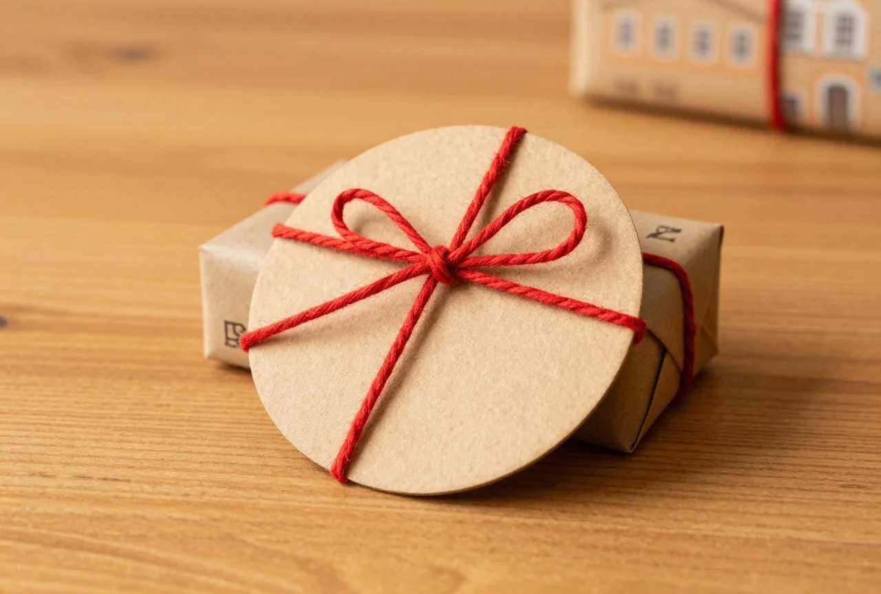 Nahaufnahme eines runden leeren Anhängers aus Packpapier, mit roter Schnur an ein kleines Päckchen gebunden