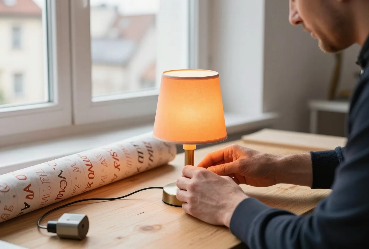 Hände eines Mannes prüfen eine kleine Tischlampe mit losem Kabel auf einer Werkbank aus Holz