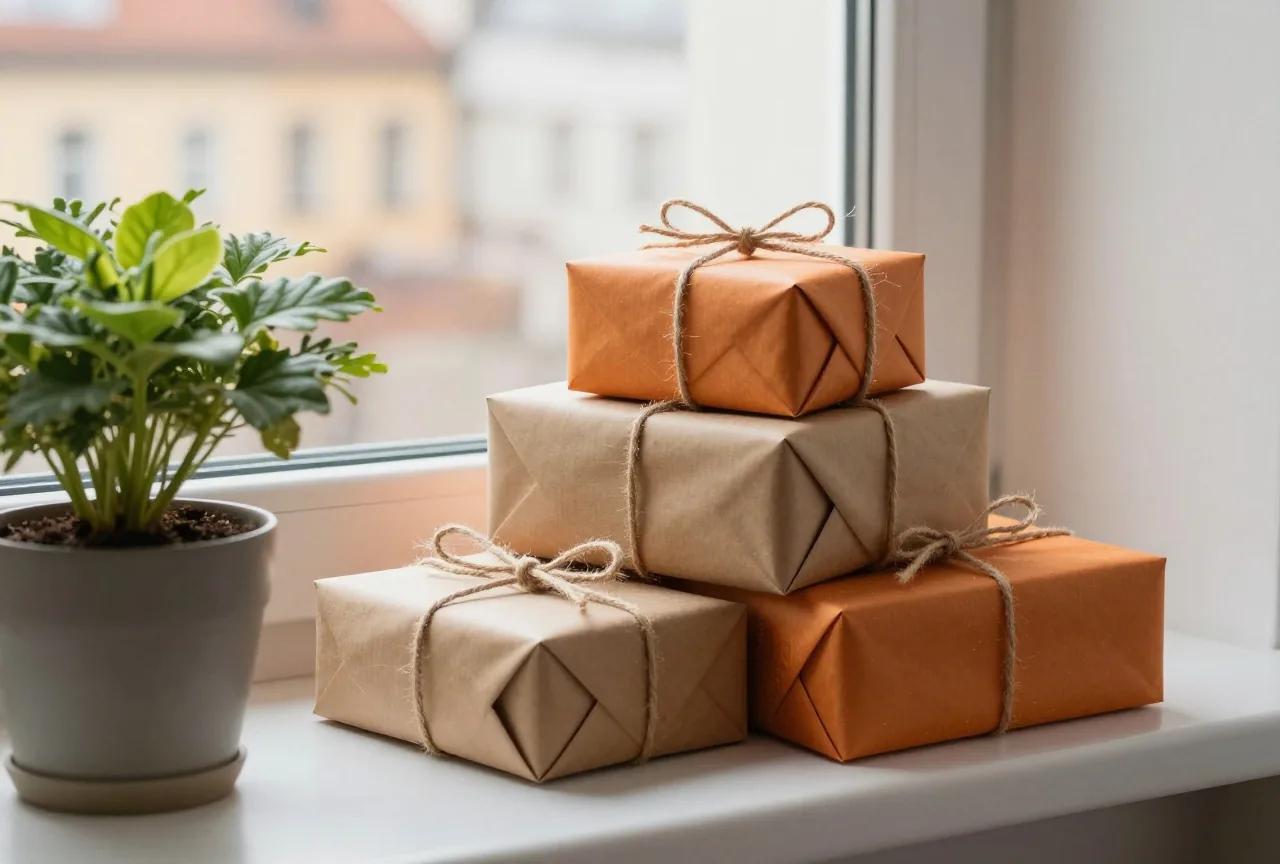 Ein kleiner Stapel in Packpapier gewickelter Geschenke mit Bindfaden auf einer Fensterbank neben einer Topfpflanze
