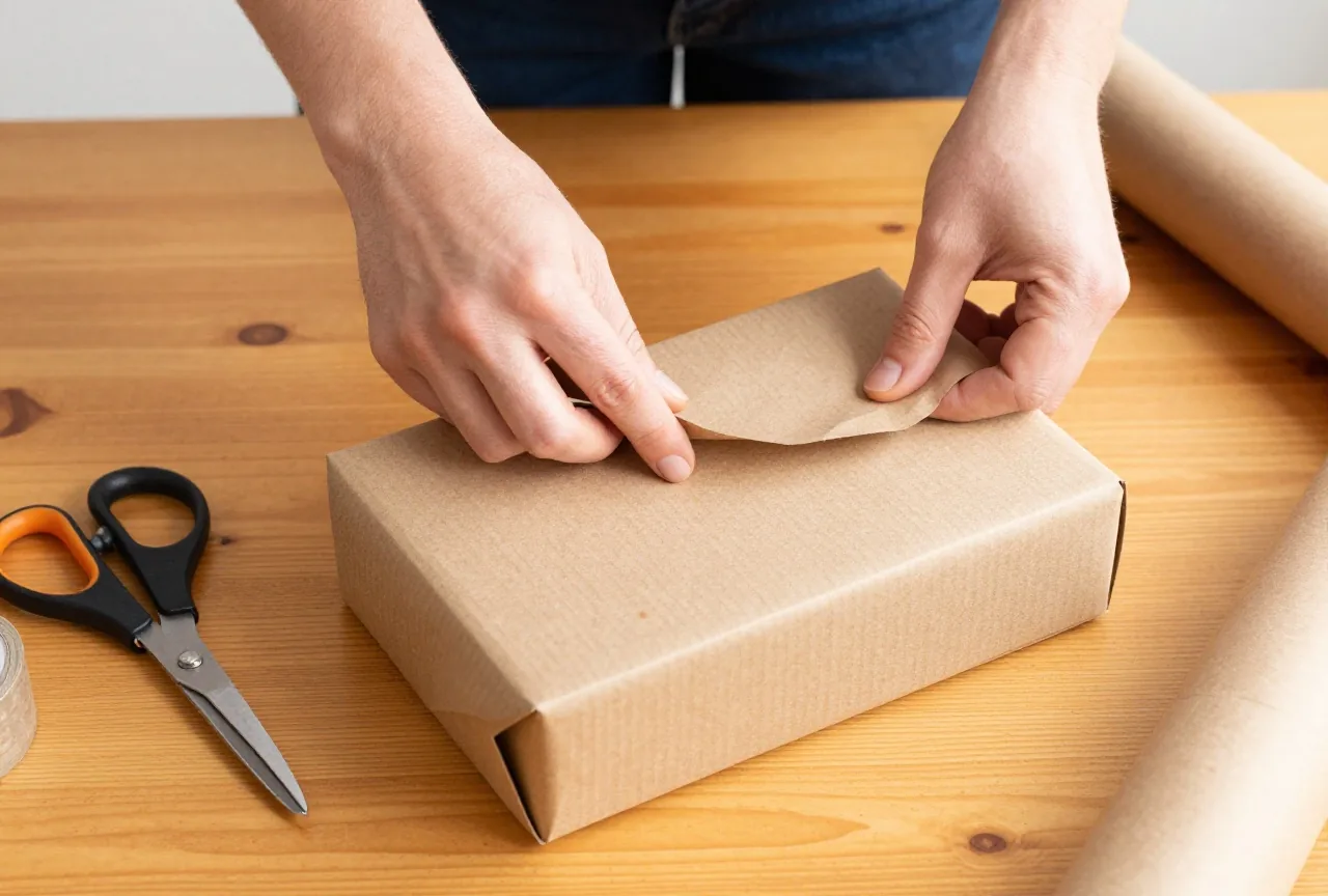 Draufsicht auf Hände, die Packpapier um eine rechteckige Schachtel falten, daneben Schere und Klebeband