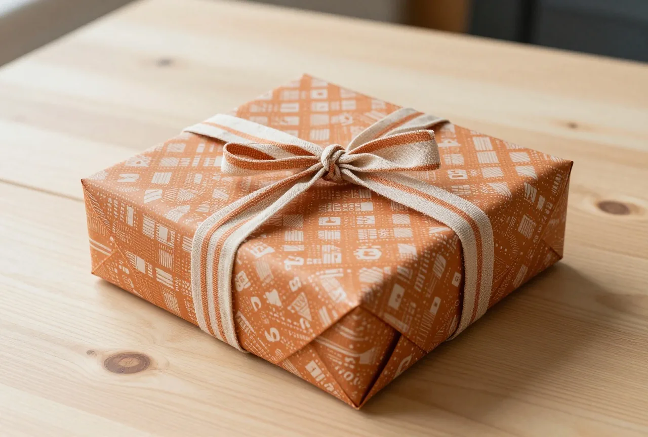 Ein gemustertes Baumwolltuch ist mit einem Knoten oben um eine Geschenkschachtel gebunden, auf einem hellen Holztisch