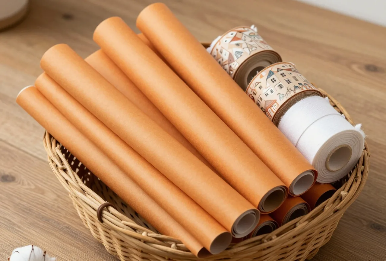 Gefaltetes gebrauchtes Geschenkpapier und aufgerollte Stoffbänder in einem geflochtenen Korb auf einem Holzboden
