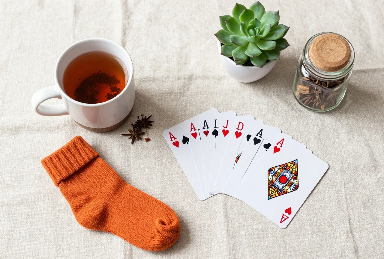 Draufsicht auf eine Keramiktasse mit Tee, Wollsocken, ein Kartenspiel, eine Sukkulente und ein Gewürzglas auf Leinen