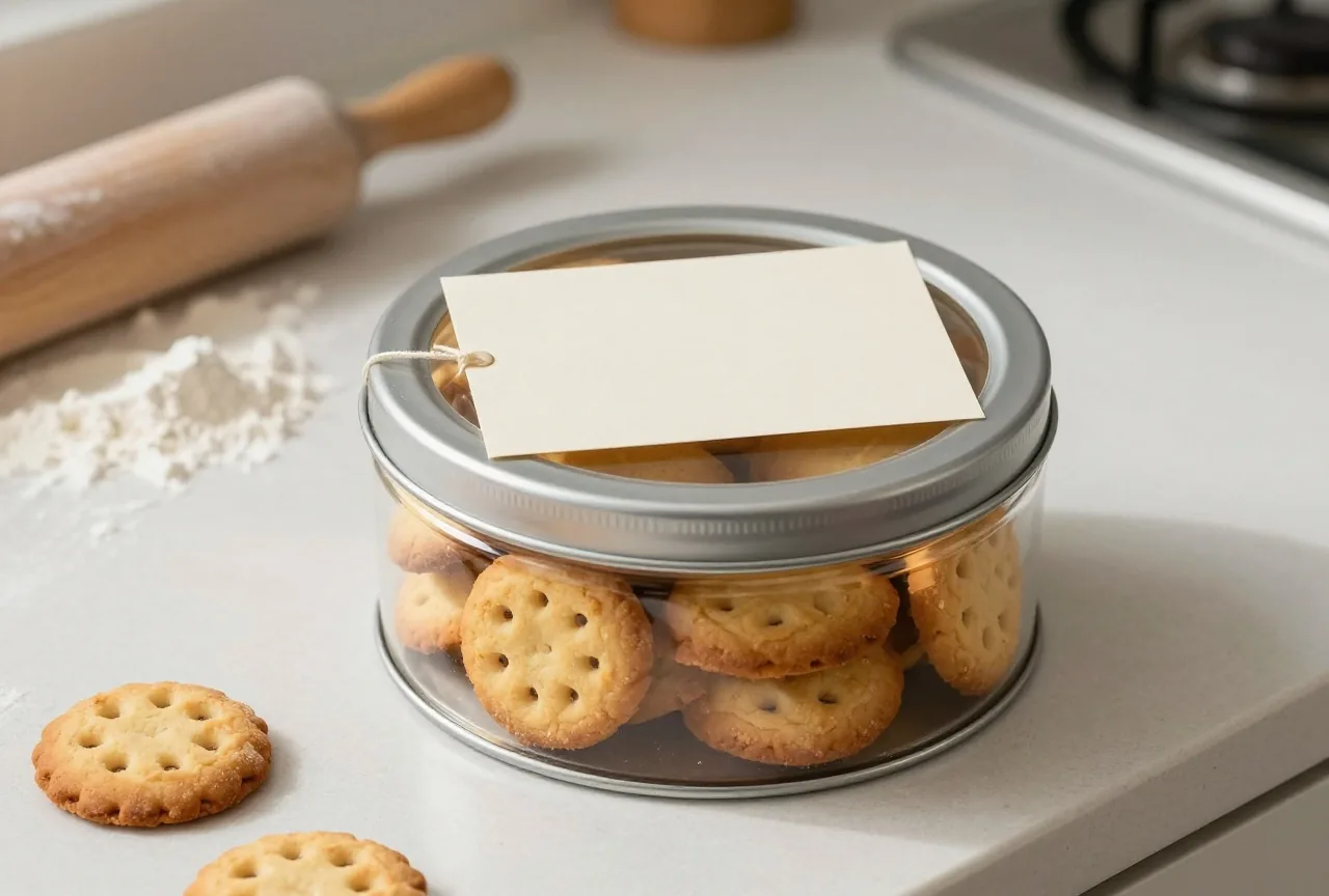 Eine Dose mit selbst gebackenen Plätzchen und einer schlichten Karte am Deckel auf einer Küchenarbeitsplatte