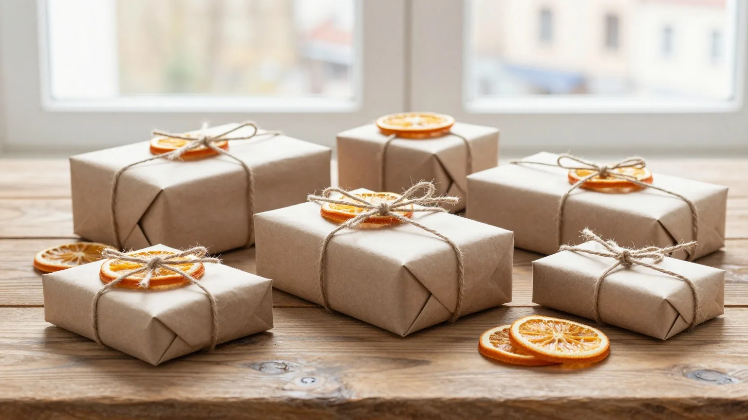 Mehrere in Packpapier eingeschlagene Päckchen mit Bindfaden und getrockneten Orangenscheiben auf einem Holztisch