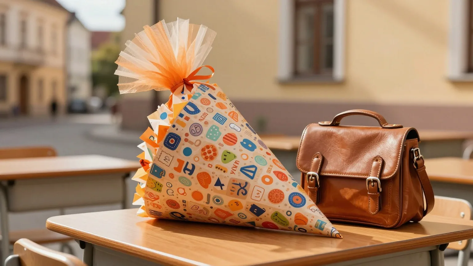 Eine bunte, große Tüte aus gemustertem Papier mit Tüllabschluss lehnt an einem Holzpult neben einem kleinen Ranzen