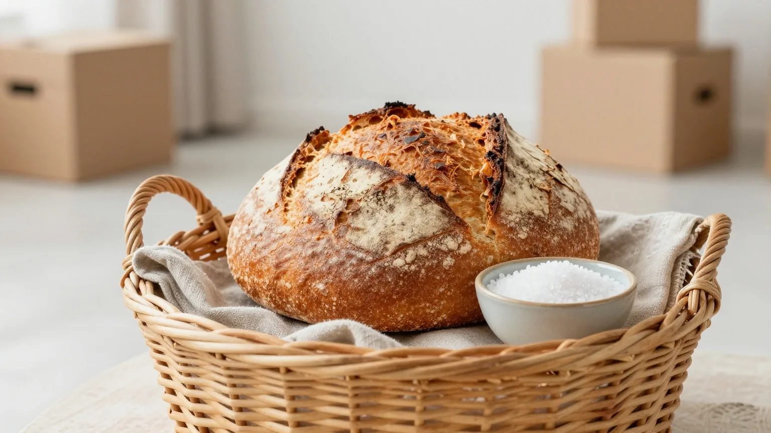 Ein rundes Brot und eine Schale grobes Salz in einem Weidenkorb, im hellen leeren Wohnzimmer stehen Umzugskartons