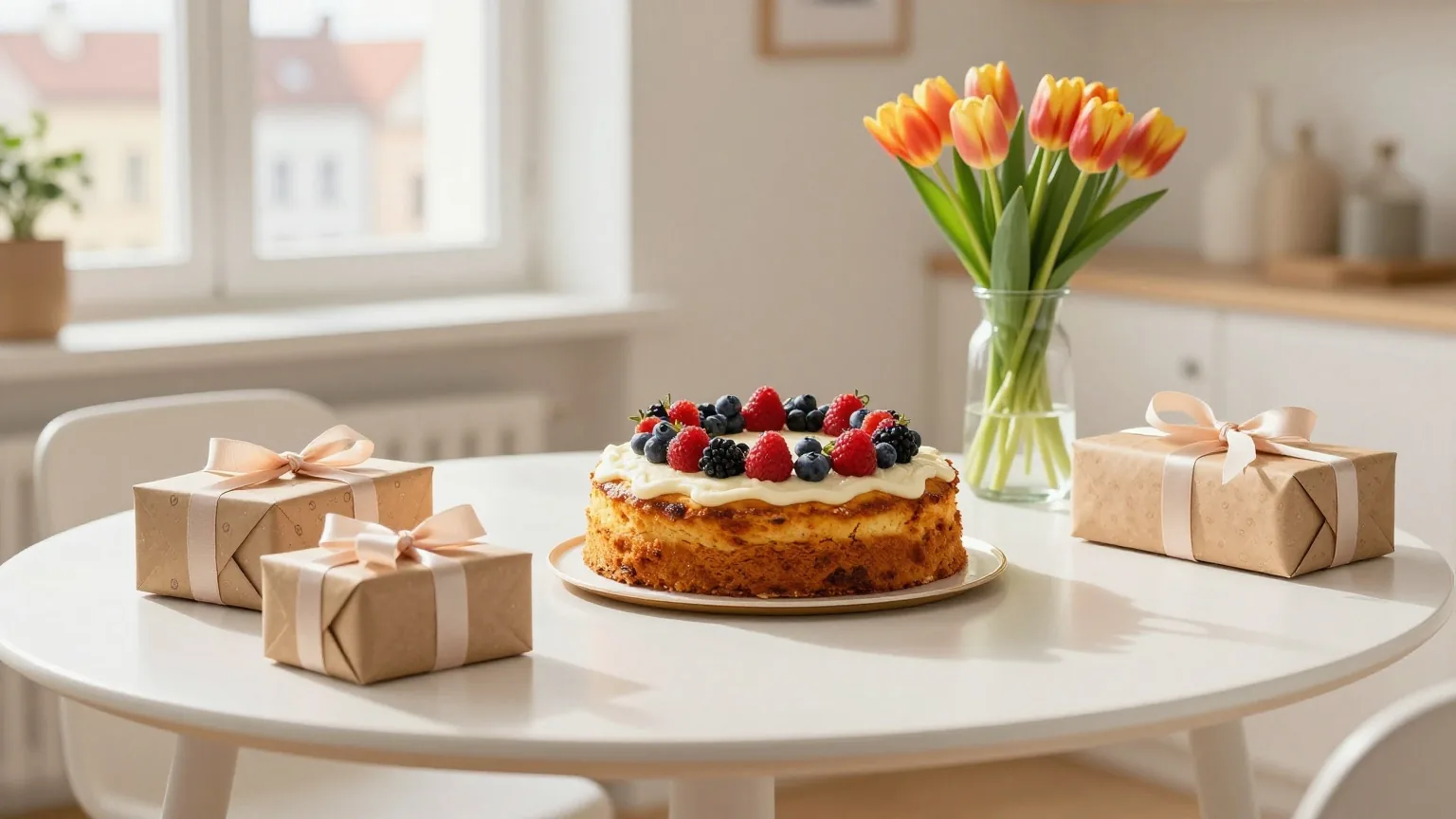 Ein festlich gedeckter Tisch mit einem Kuchen mit frischen Beeren, verpackten Geschenken und einem Strauß Tulpen