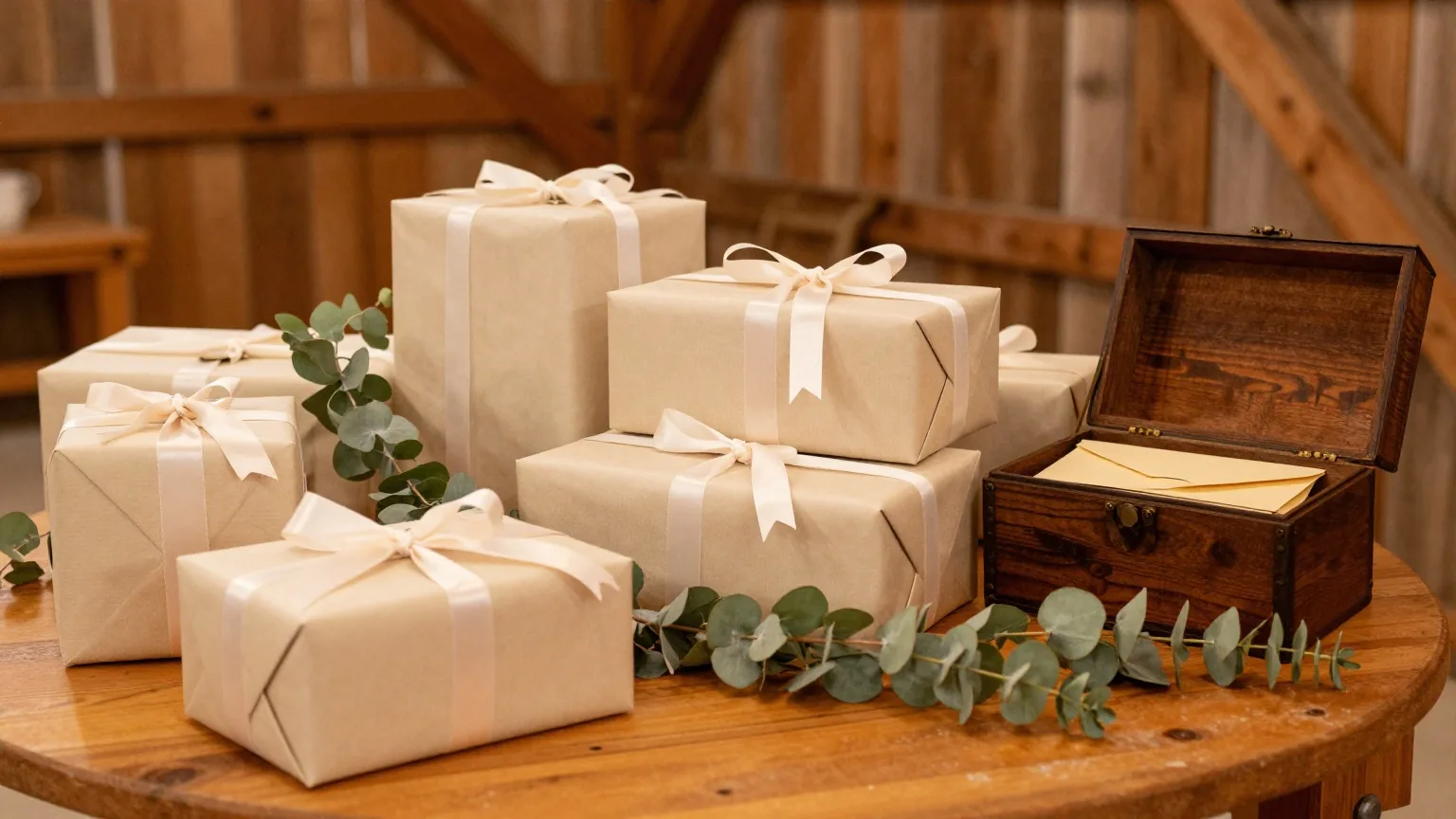 Ein Geschenketisch bei einer Hochzeit in einer Scheune mit verpackten Geschenken, Bändern, Eukalyptus und einer Holztruhe