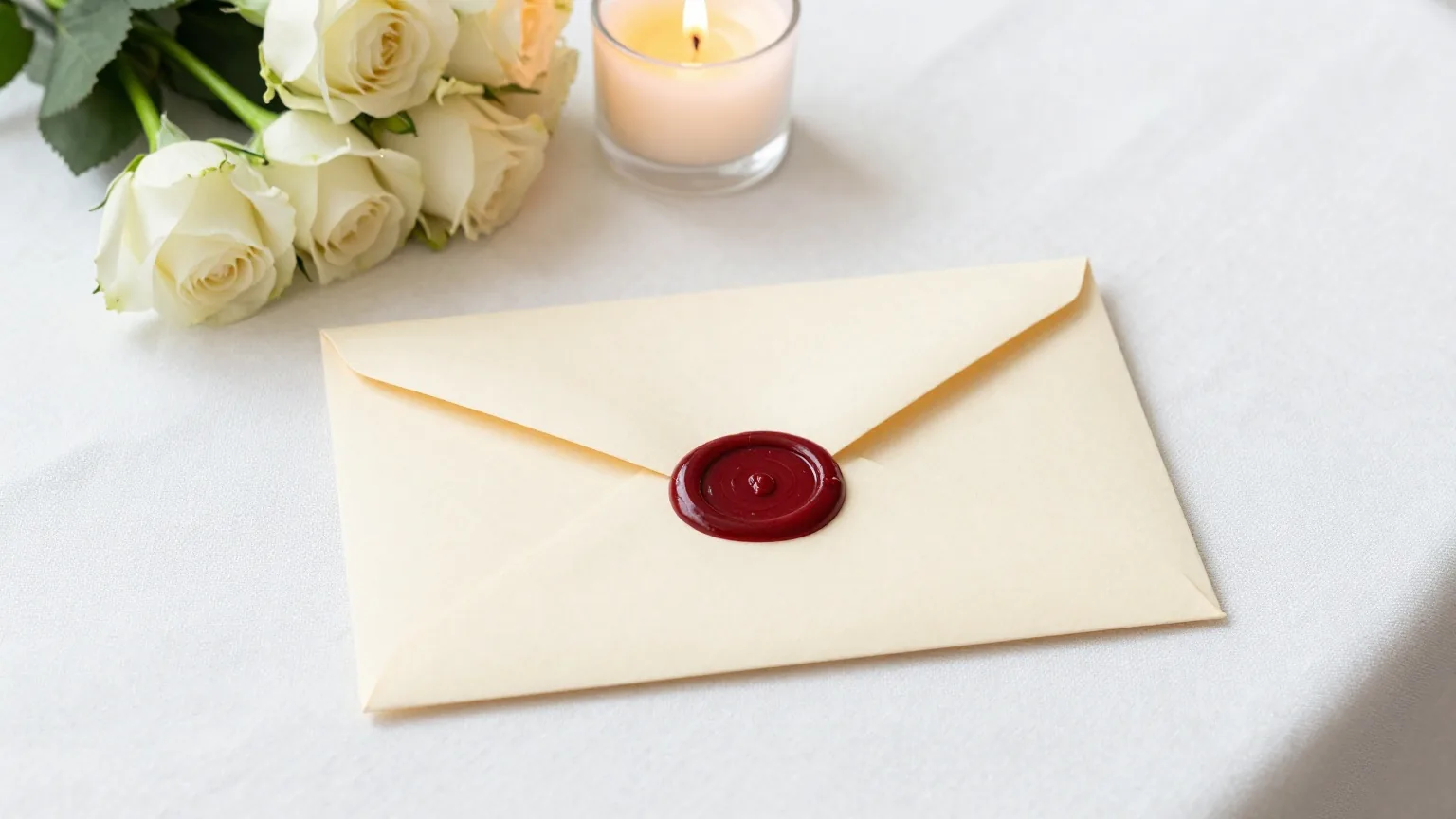 Ein cremefarbener Umschlag mit rotem Siegel auf einem Leinentuch neben weißen Rosen und einer brennenden Kerze