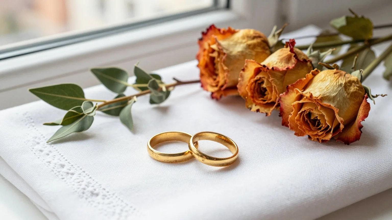 Zwei getragene goldene Ringe auf einem bestickten Leinentuch neben getrockneten Rosen und einem Myrtenzweig