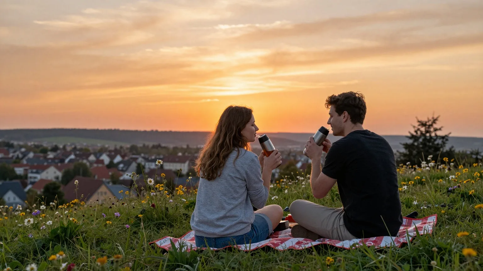 Ein junges Paar sitzt von hinten gesehen auf einer Picknickdecke auf einem Hügel im Abendlicht
