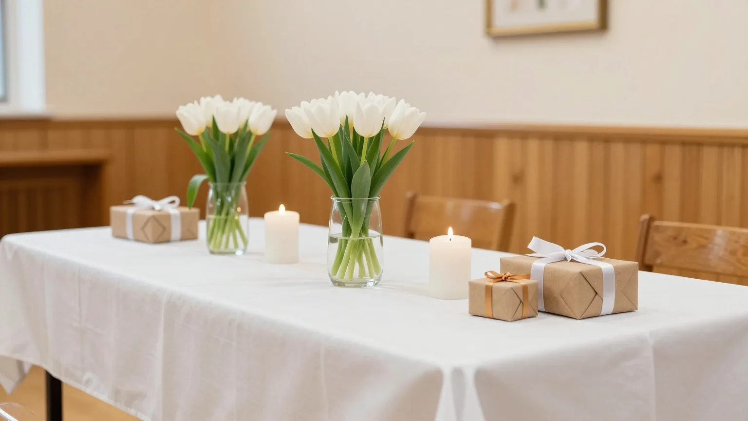 Ein festlich gedeckter Tisch mit weißer Tischdecke, weißen Tulpen, einer hohen Kerze und kleinen Päckchen mit Schleifen