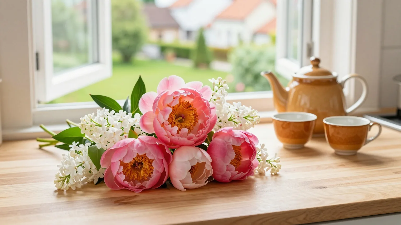 Ein lockerer Strauß aus rosa Pfingstrosen und weißem Flieder auf einem sonnigen Küchentisch neben Teekanne und Tassen