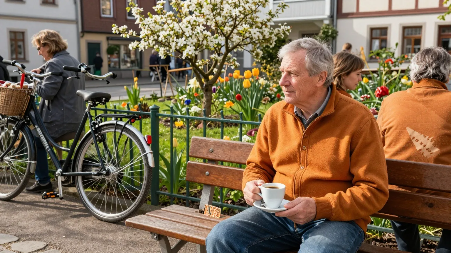 Ein Mann in den Sechzigern sitzt mit einer Tasse Kaffee auf einer Gartenbank, ein Fahrrad lehnt am Zaun