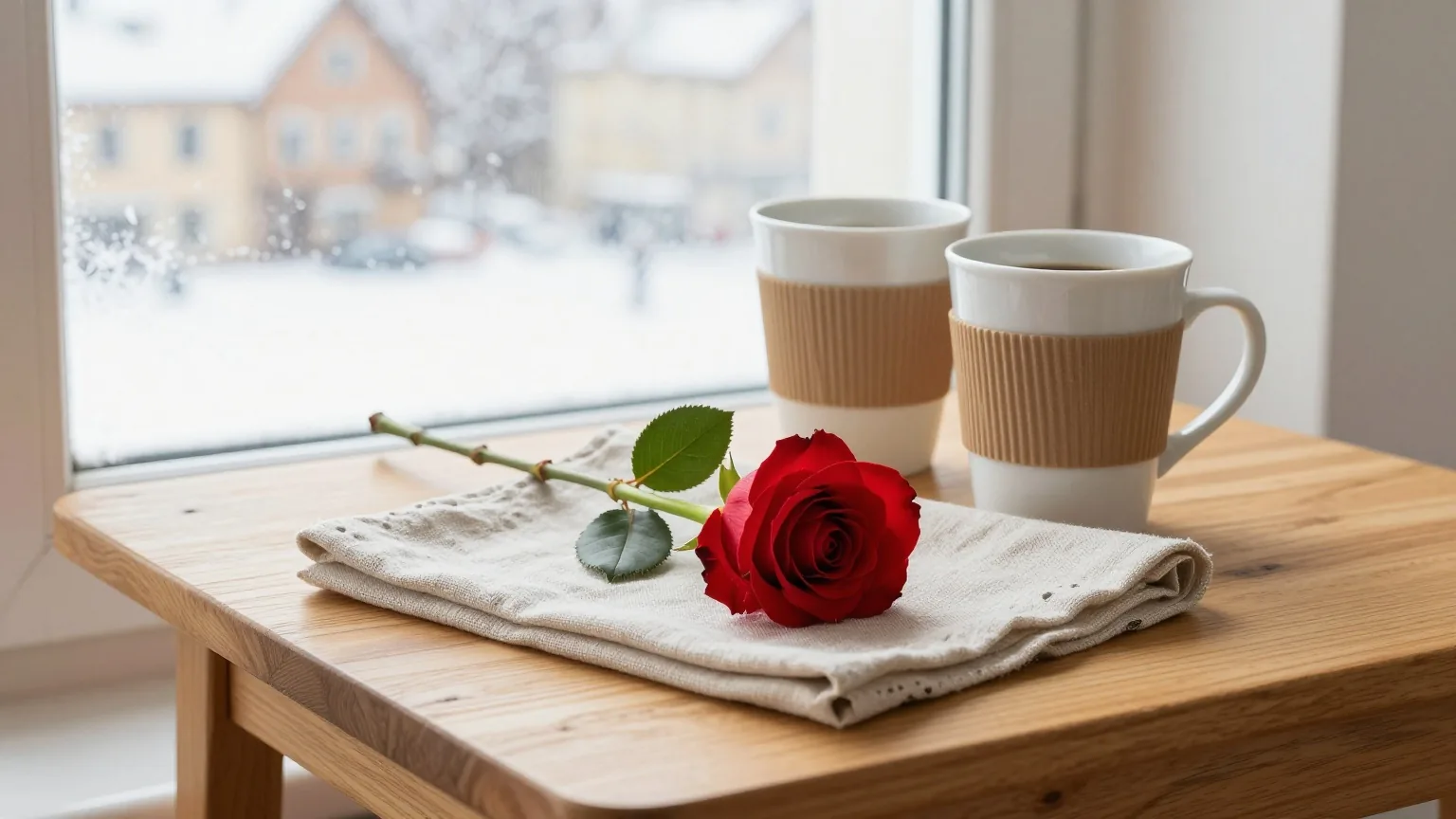 Eine einzelne rote Rose liegt auf einer Leinenserviette neben zwei Kaffeetassen an einem Fenster mit Raureif