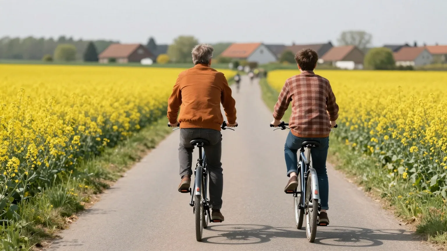 Ein Vater in den Vierzigern und sein erwachsener Sohn radeln von hinten gesehen auf einem Feldweg zwischen Rapsfeldern