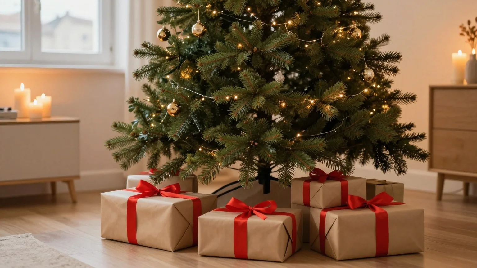 Ein geschmückter Tannenbaum im Wohnzimmer, darunter Päckchen in Packpapier mit roten Stoffbändern, warmes Kerzenlicht