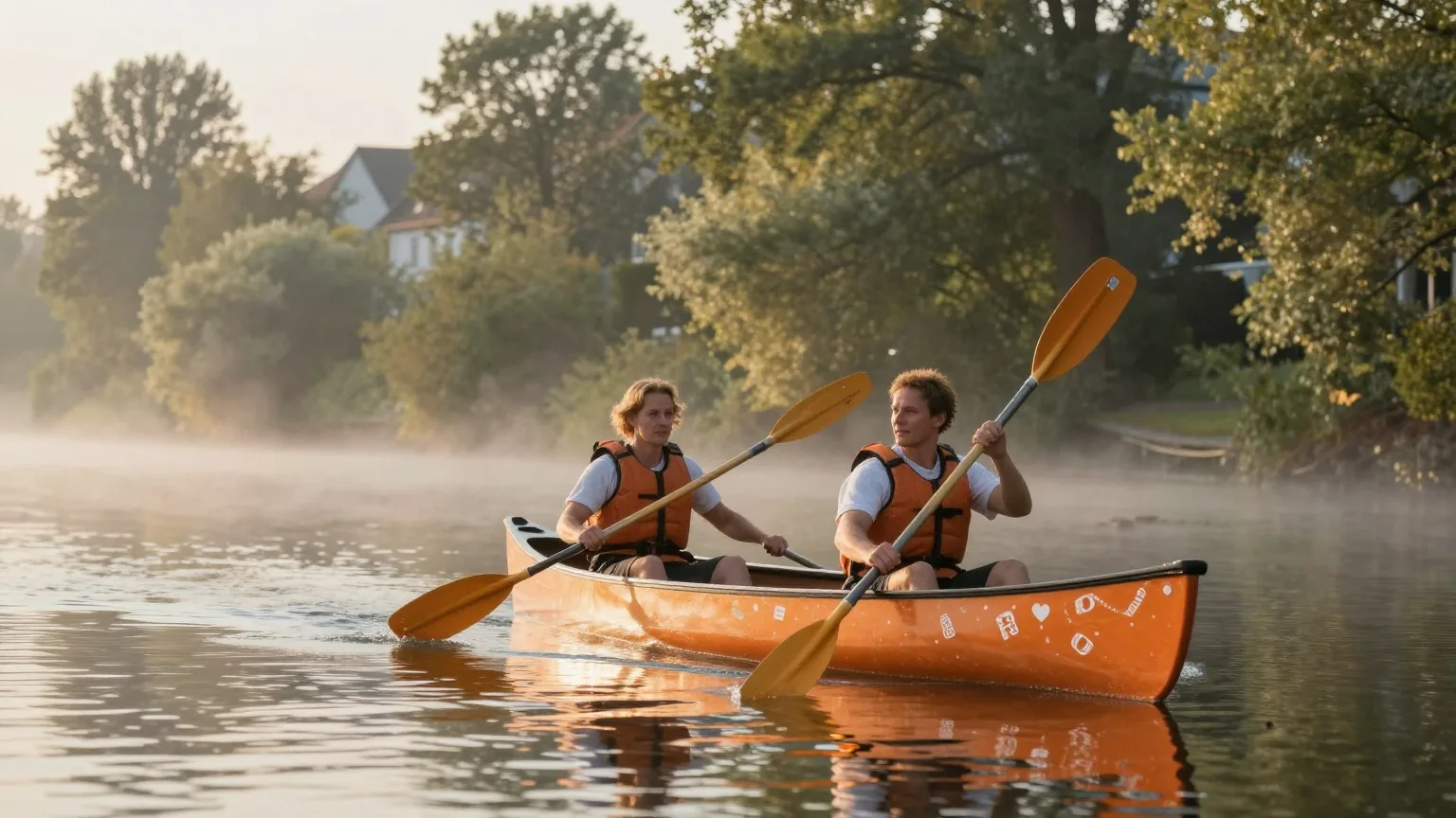 Zwei Erwachsene paddeln am frühen Morgen in einem Kanu auf einem ruhigen Fluss, Nebel über dem Wasser