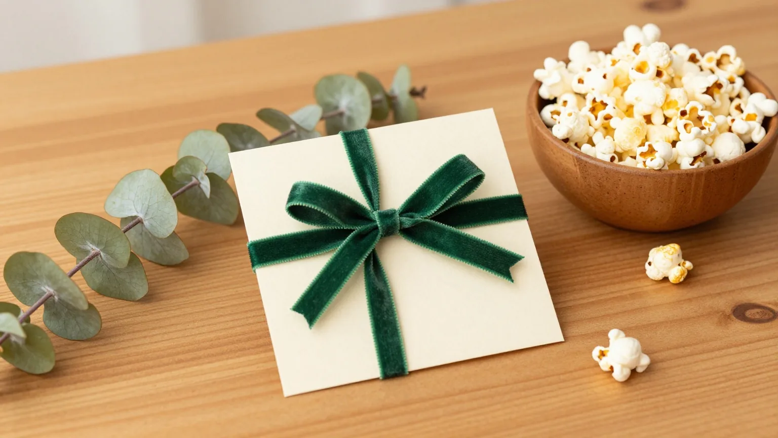 Eine schlichte cremefarbene Karte mit grünem Samtband auf einem Holztisch, daneben Eukalyptus und eine Schale Popcorn