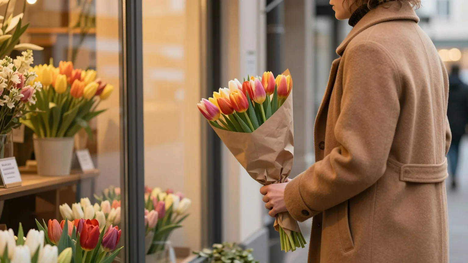 Eine Person im Wollmantel verlässt am späten Nachmittag einen Blumenladen mit einem Tulpenstrauß in Packpapier
