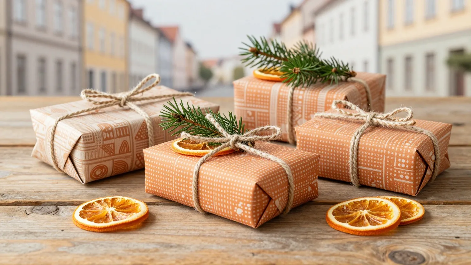 Mehrere in gemusterte Baumwolltücher geknotete Geschenke mit Tannenzweig und getrockneten Orangenscheiben auf einem Holztisch