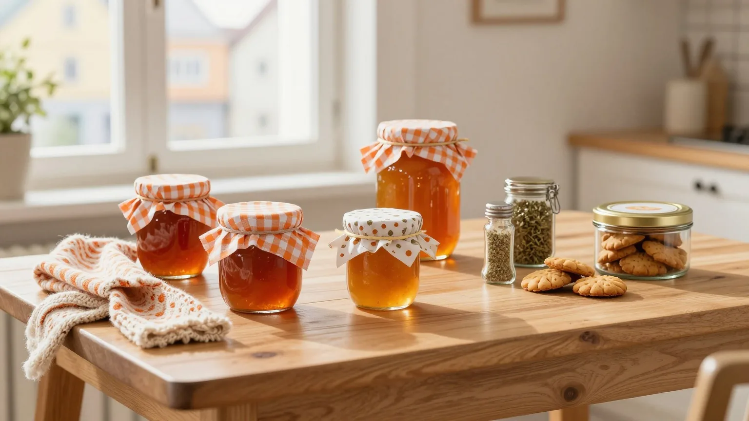 Selbst gemachte Geschenke auf einem Küchentisch: Gläser Konfitüre mit Stoffdeckel, ein gestrickter Schal, Kräutersalz und Kekse