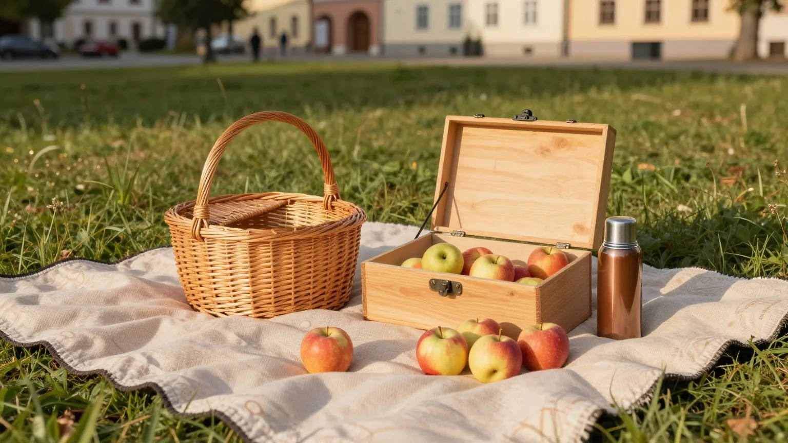 Picknickdecke auf einer Wiese mit Weidenkorb, geschlossener Spielschachtel, Äpfeln und Thermoskanne im Nachmittagslicht