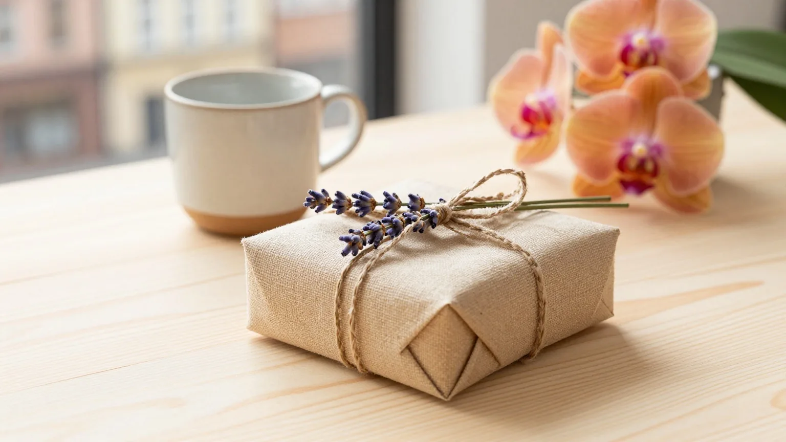 Kleines Päckchen in Leinenstoff mit Lavendelzweig auf einem hellen Holztisch, daneben eine Keramiktasse und eine Orchidee