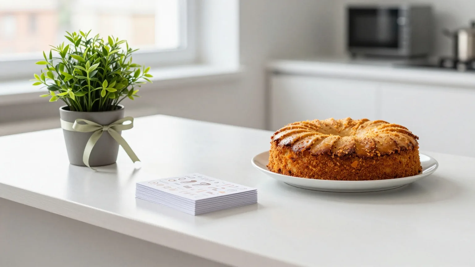 Eine helle Büroküche mit einem selbstgebackenen Kuchen, einer Topfpflanze mit Schleife und einem Stapel gefalteter Karten