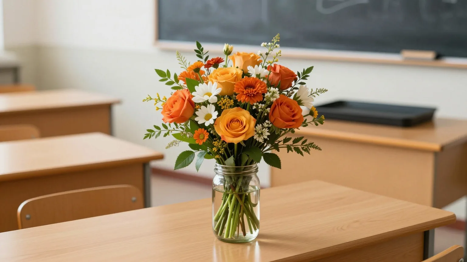 Ein Strauß Gartenblumen im Glas auf einem Lehrerpult aus Holz in einem leeren, sonnigen Klassenzimmer