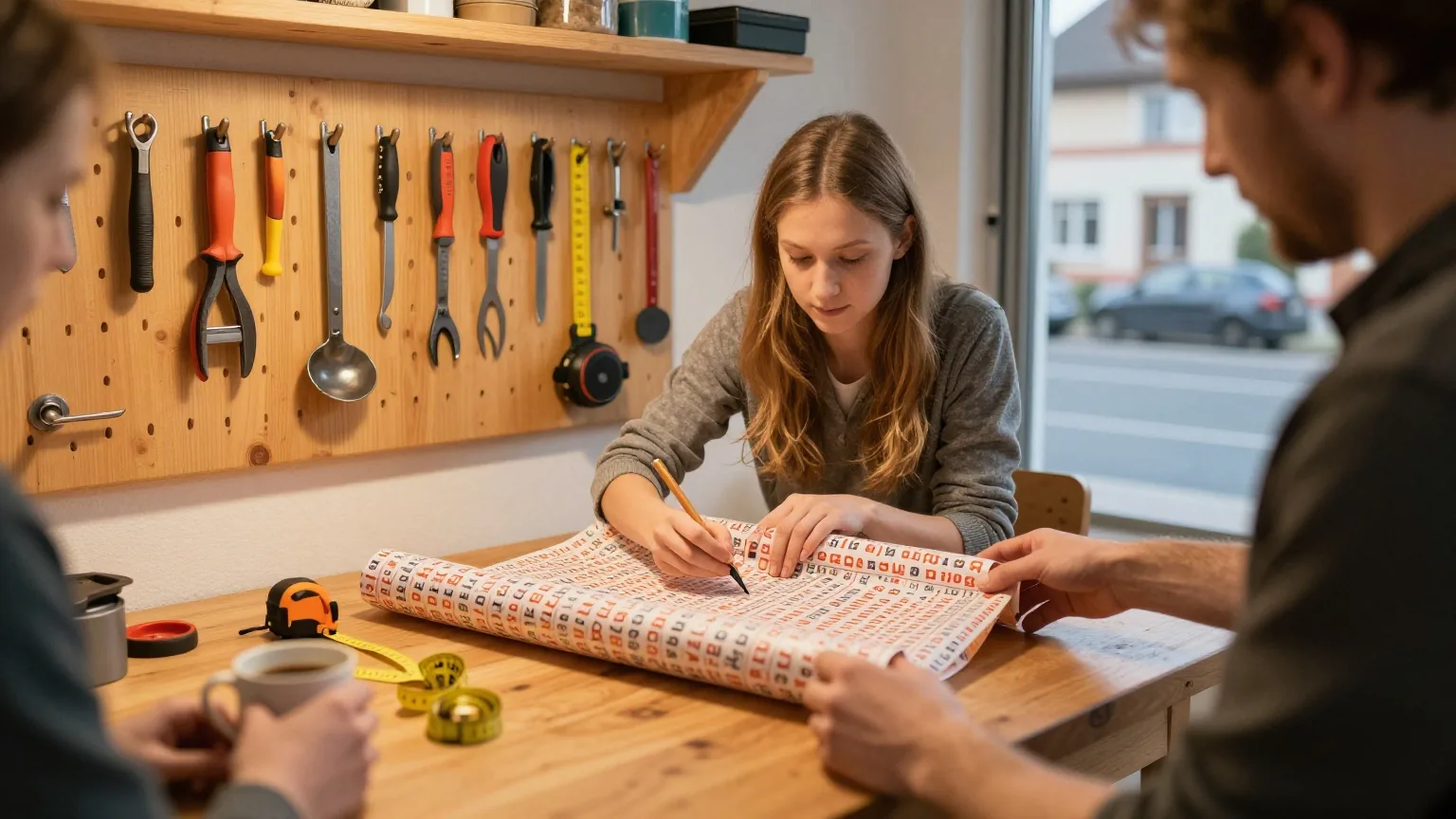 Eine Werkbank aus Holz in einer aufgeräumten Werkstatt mit Handwerkzeug an der Lochwand und einer Tasse Kaffee