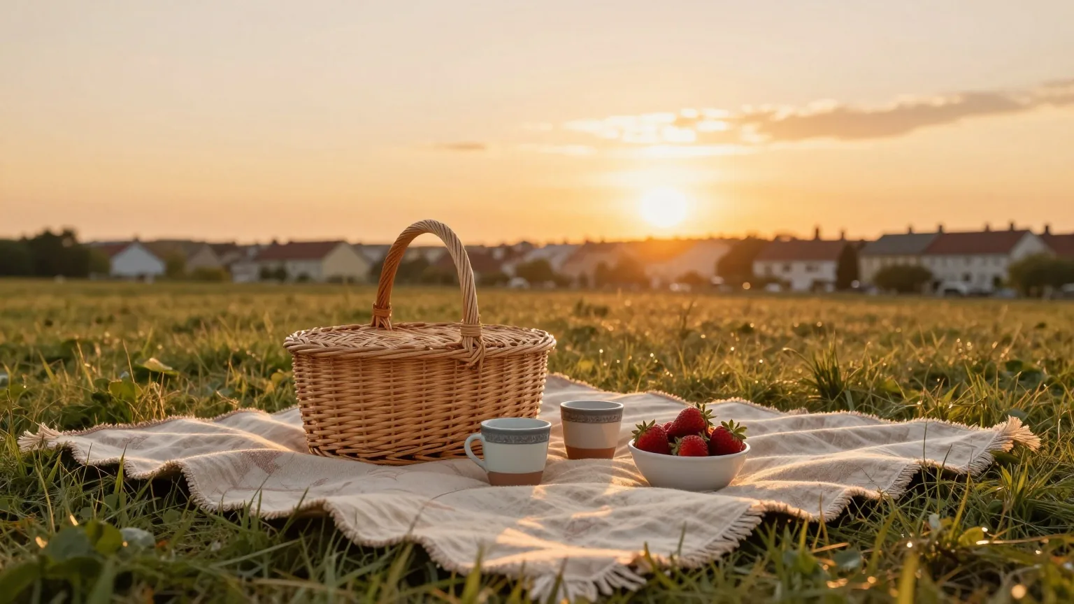 Eine Picknickdecke auf einer Wiese bei Sonnenuntergang mit Weidenkorb, zwei Keramiktassen und einer Schale Erdbeeren