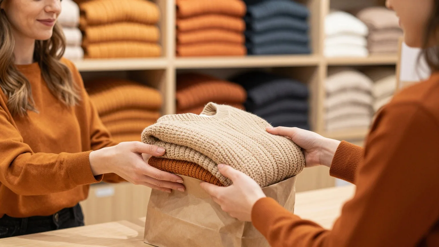 Eine Frau reicht an einer Ladentheke einen gefalteten Strickpullover in einer schlichten Papiertüte über die Theke
