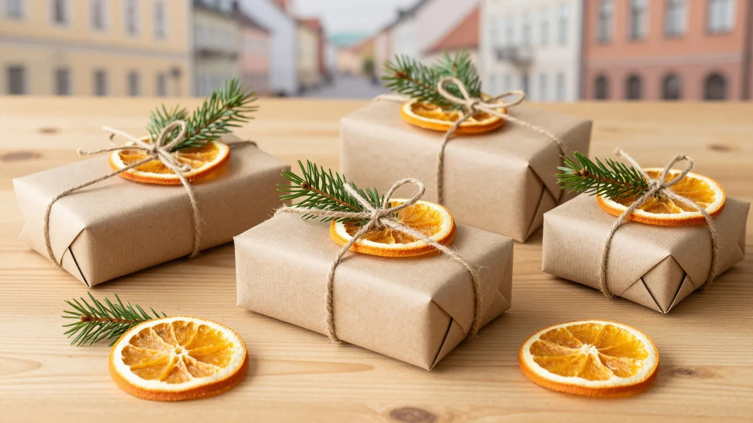 Mehrere in Packpapier gewickelte Geschenke mit Baumwollschnur, getrockneten Orangenscheiben und Tannenzweigen auf einem Holztisch